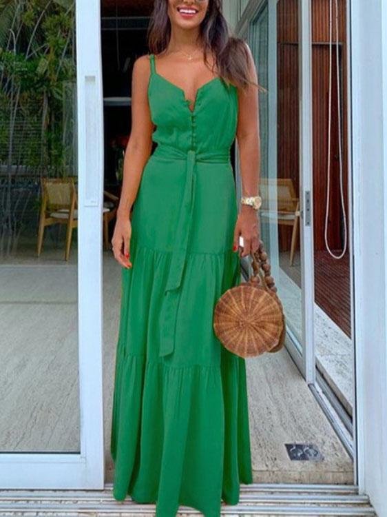 Buttoned V neck Stitching Strap Dress