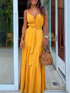 Buttoned V neck Stitching Strap Dress