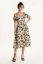 Beige Off-the-Shoulder Velvet Floral Midi Dress