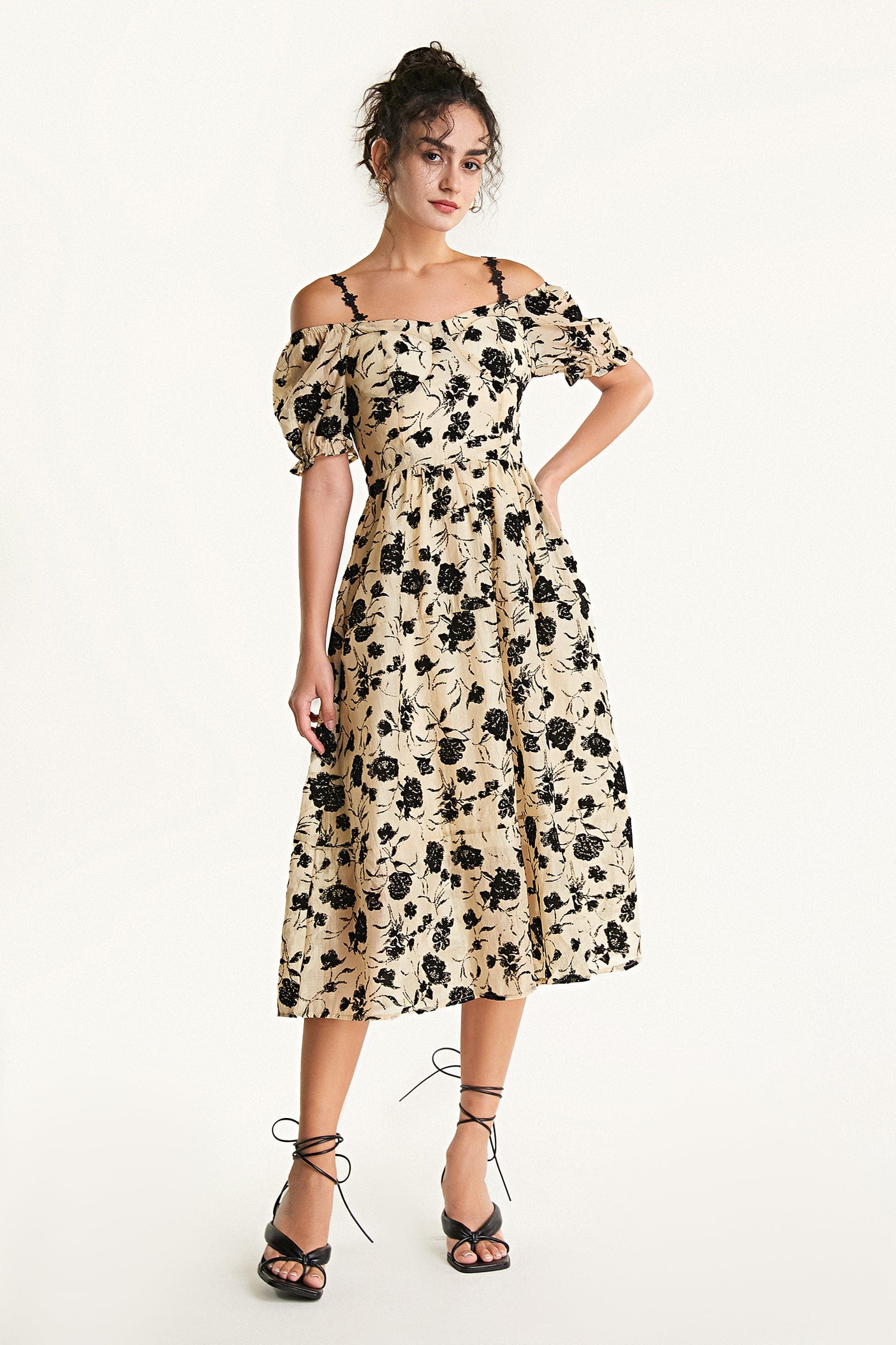 Beige Off-the-Shoulder Velvet Floral Midi Dress