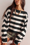 Striped Print Crew Neck Long Sleeve Loose Knitted Sweater