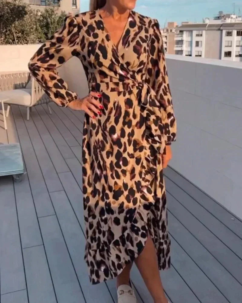 Exuperancia V-neck Leopard Print Dress for Women Weekend Casual Style