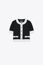 Fashionable Contrast Color Knitted Short-sleeved Button-down Top