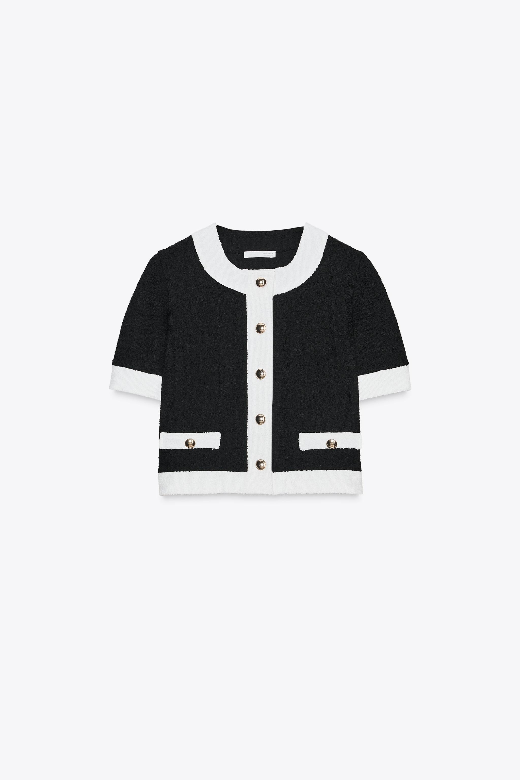 Fashionable Contrast Color Knitted Short-sleeved Button-down Top