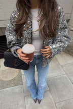 Sequined textured baseball collar short jacket