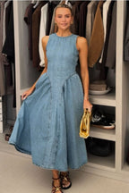 Classic and Stylish Denim Open Back Tie-up Gathered Hip Stretch Midi Dress