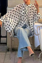 Polka Dot Print Tie-waist Lantern Sleeve Elegant Loose Shirt