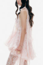 Cheongsam Style Lace Stand Neck Knots Button Ruffle Flare Hem Top
