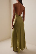 Lace-Panel V-Neck Slim-Fit Maxi Chic Silk Dress