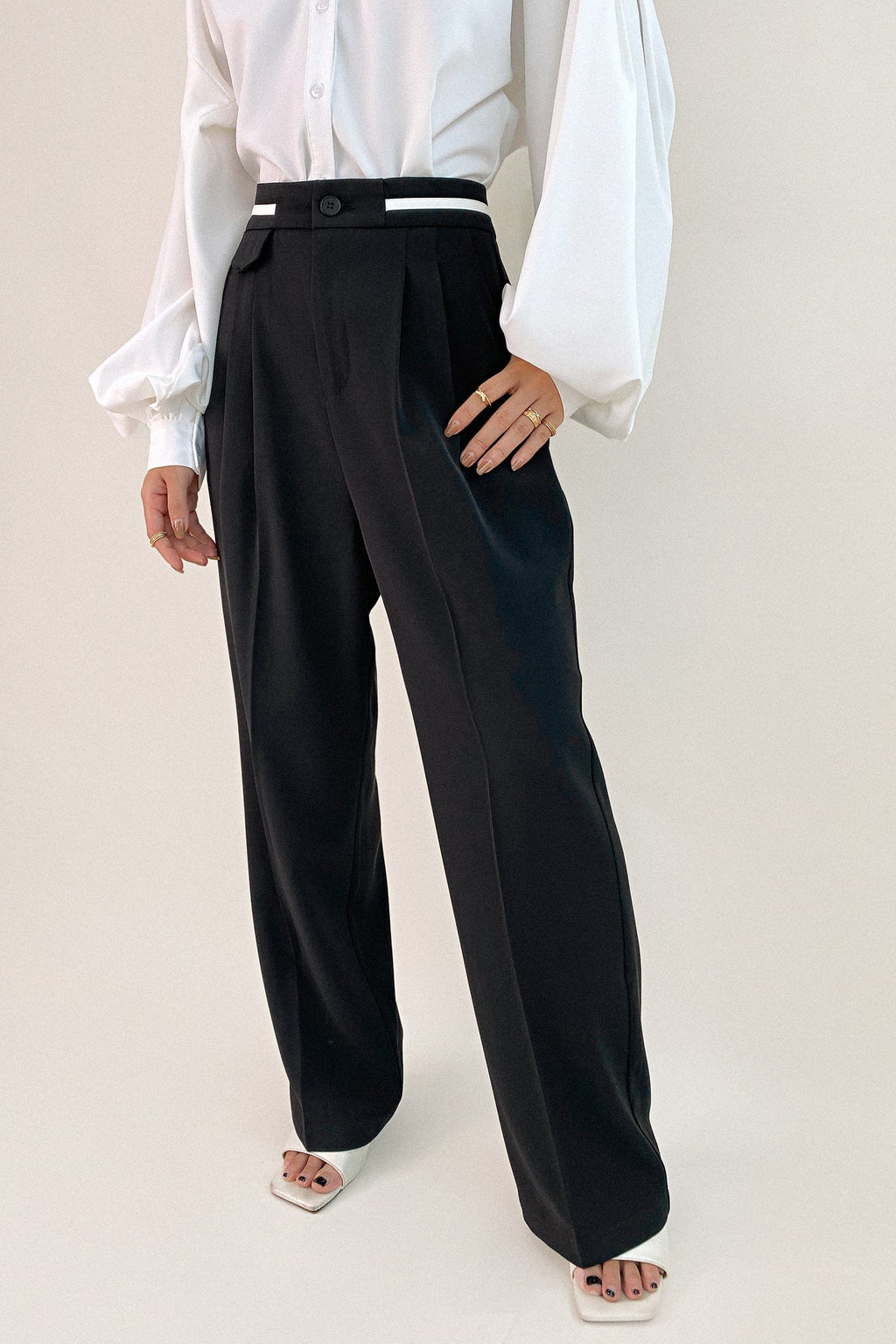 Black Contrast Strap Detail Wide Leg Work Pants