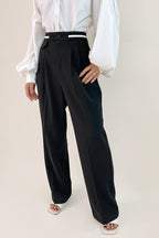 Black Contrast Strap Detail Wide Leg Work Pants