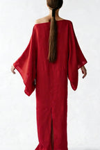 Stacie Linen Blend Wide Neck Batwing Sleeves Tie-up Waist H-line Maxi Dress