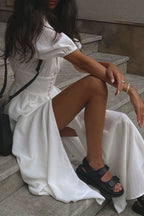 Elegant Puff Sleeve Deep V Slit Midi Dress
