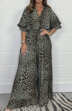 Multi-Color Leopard Print V-Neck Waisted Wide-Leg Jumpsuit