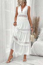 V Neck Lace Patchwork Sleeveless Boho Dress