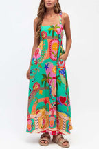 Unique Print Square Neck Spaghetti Strap Back Pleated Casual Maxi Dress