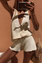 Solid Color V-neck Sleeveless Knit Vest and Casual Stretch Shorts Set