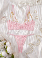 Blush Chain Detail Lace Lingerie Set – Pink Bra & Thong Ensemble for Women