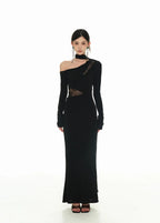 Black Asymmetric Neckline and Lace Inserts Long Evening Gown