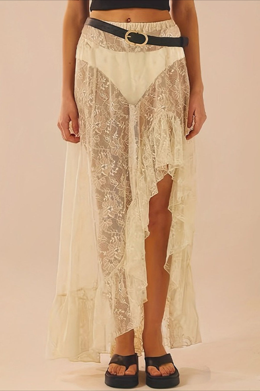Lace Insert High Waist Slit Asymmetrical Midi Skirt