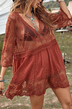 Lace V Neck Hollow Short Sleeved Cover Up