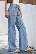 Stylish Loose-fitting Pocket Casual Frayed Wide-leg Jeans