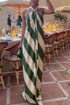 Most Dreamy Stripe Print Halter Tie-up Backless Pocket Loose Maxi Dress
