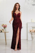 V Neck Slit Sequin Slip Prom Dress