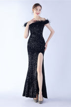 Velvet Sequin Ostrich Feather Off Shoulder Formal Dress