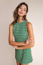 Green Sleeveless Button Detail Tweed Mini Dress