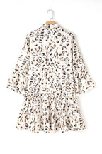 Khaki Leopard Print Buttoned Front 3 4 Sleeve Tiered Ruffled Hem Dress