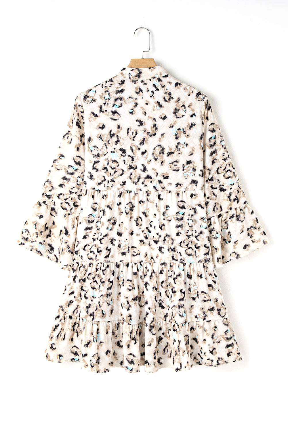Khaki Leopard Print Buttoned Front 3 4 Sleeve Tiered Ruffled Hem Dress