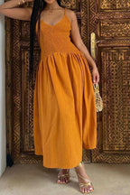 Fashionable V-neck Patchwork Smocked Sleeveless Suspender Midi Dress
