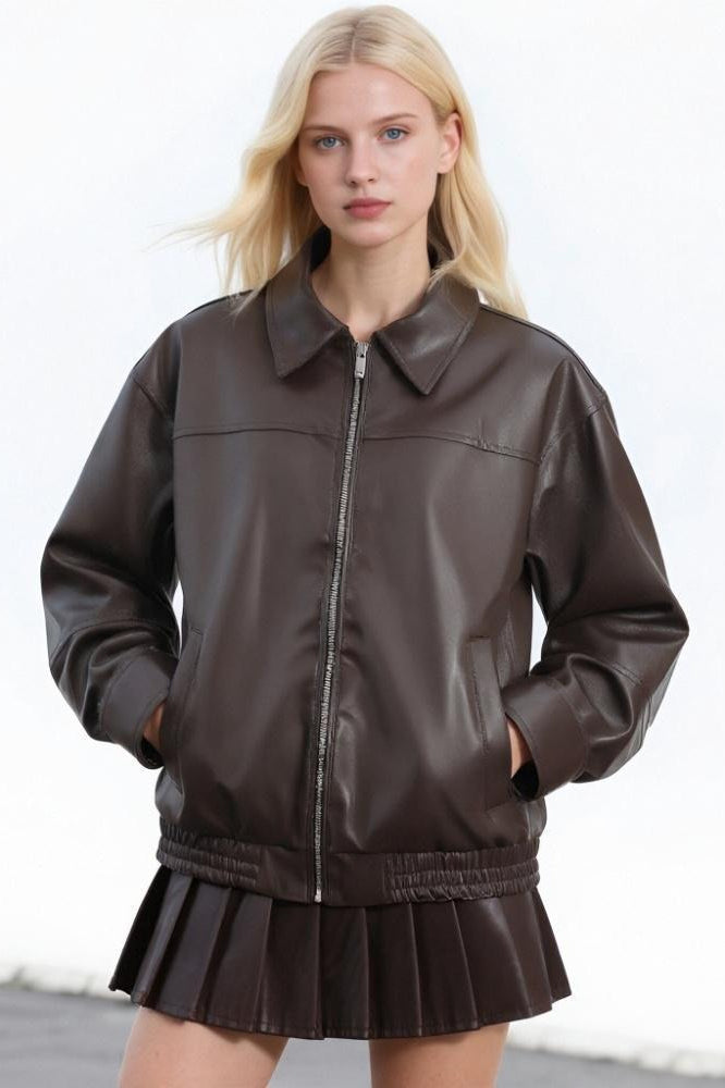 PU Leather Casual Lapel Jacket