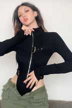 Techwear Metal Buckle Zipper High Waist Split Bodysuit