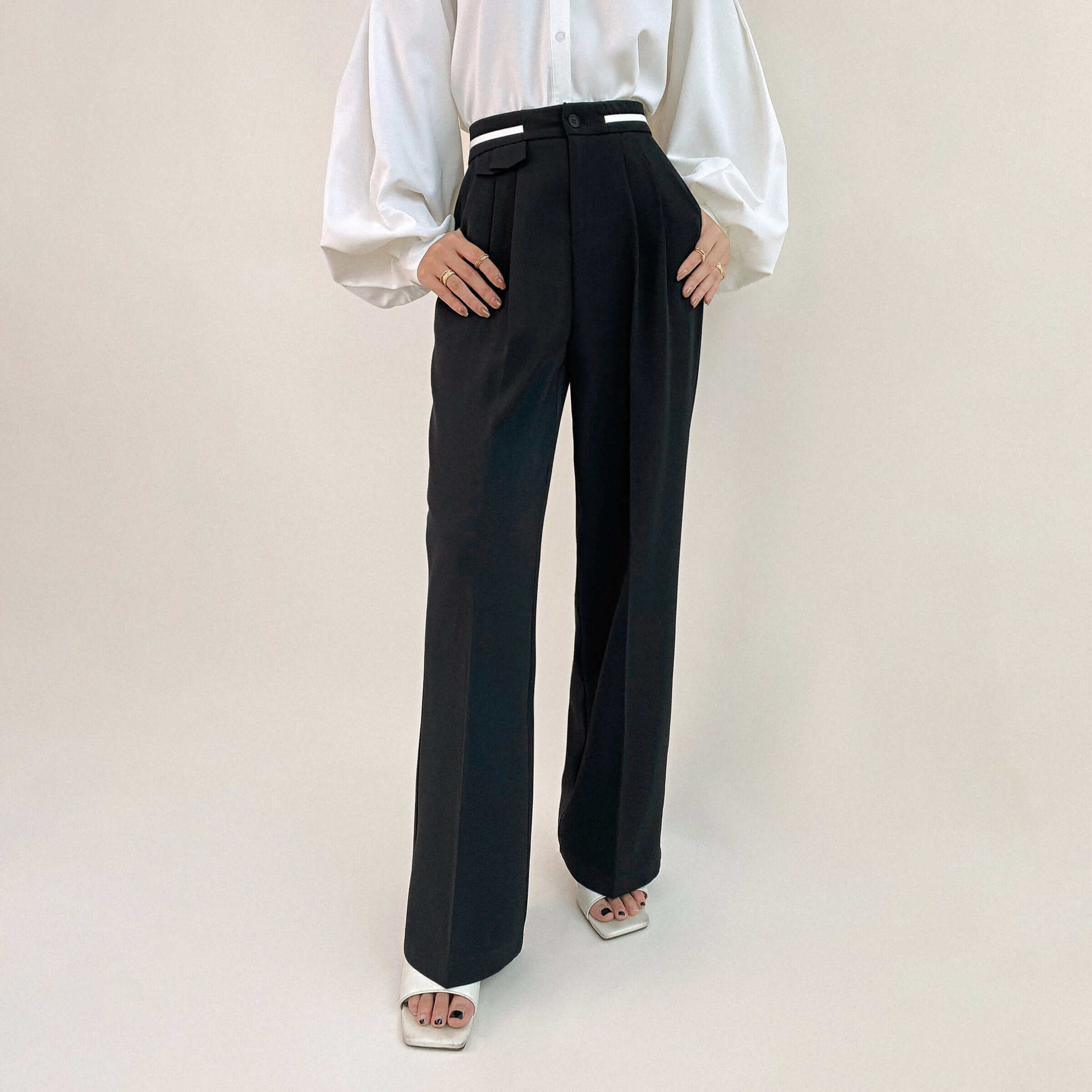 Black Contrast Strap Detail Wide Leg Work Pants
