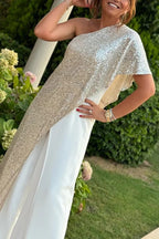Party Favors Sequin One Shoulder Ruffle Detail Wide Leg Evening Jumpsuit