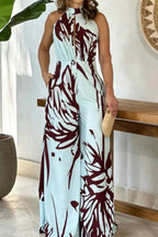 Printed Hollow Halter Sleeveless Waisted Wide Leg Jumpsuit