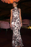 Leopard Print High Neck Backless Maxi Dress