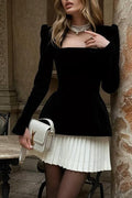 Lilian Minimalist Long Sleeve Pleated Velvet Mini Dress with a Square Neckline and Beaded Detail At the Back Premium Wardrobe Essential