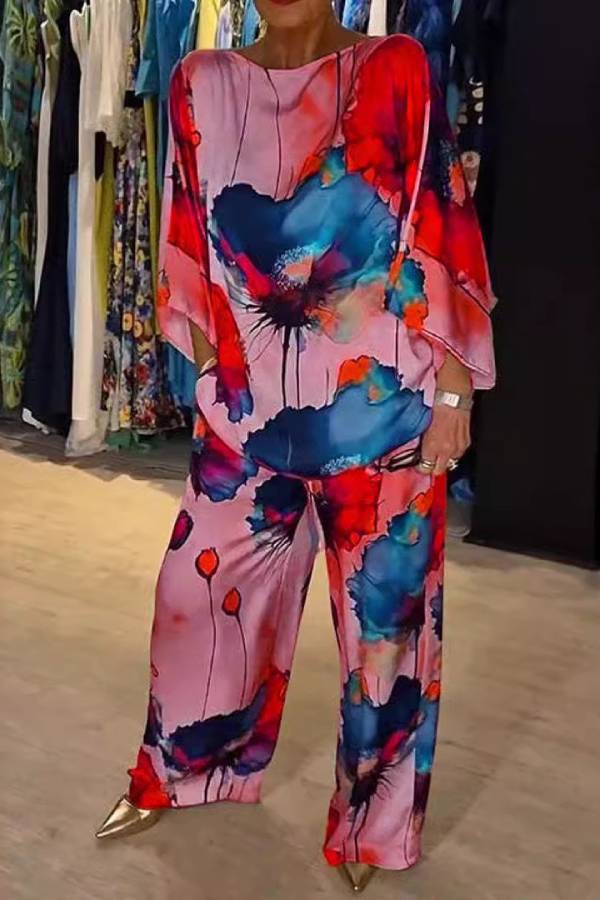 Ink Wash Floral Print Batwing Sleeve Wide Leg Pants Set