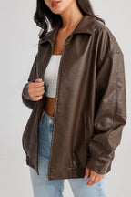 PU Leather Moto Oversized Collar Jacket