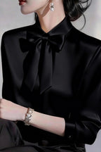 Solid Color Lapel Bow Tie Long-sleeved Casual Shirt