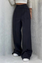 Button High Waist Solid Long Fluid Pants