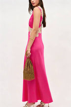A Little Sultry Satin Floral Lace Trim V-neck Sleeveless Drape Maxi Dress
