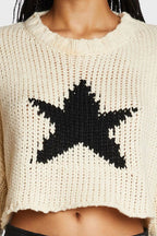 Five-Point Star Crop Crew Neck Knit Sweater