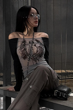 Slim Printed One Shoulder Mesh Knit Sheer Crop Top