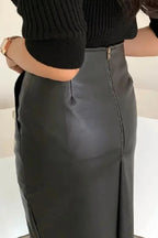Fall Winter Chic Split Design Slim Straight Faux Leather Skirt