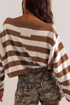 Striped Print Crew Neck Long Sleeve Loose Knitted Sweater