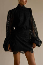 Multi-Color Lace High Neck Puff Sleeve Top & Skirt Set